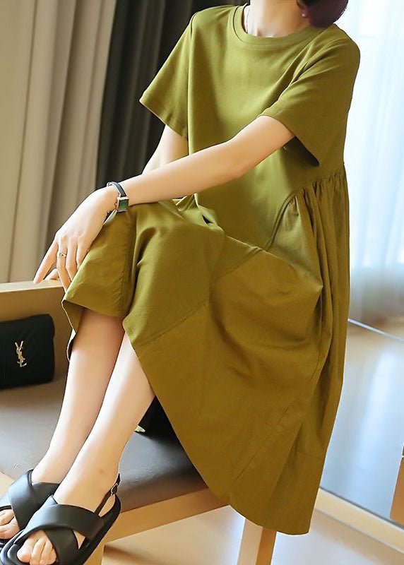 Simple Grass Green O-neck Patchwork Exra Large Hem Cotton Dress Summer