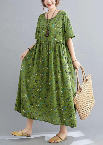 Simple Green Circle O-neck Print Summer Loose Maxi Dresses Half Sleeve