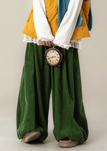 Simple Green Drawstring Elastic Waist Cotton Wide Leg Pants Spring