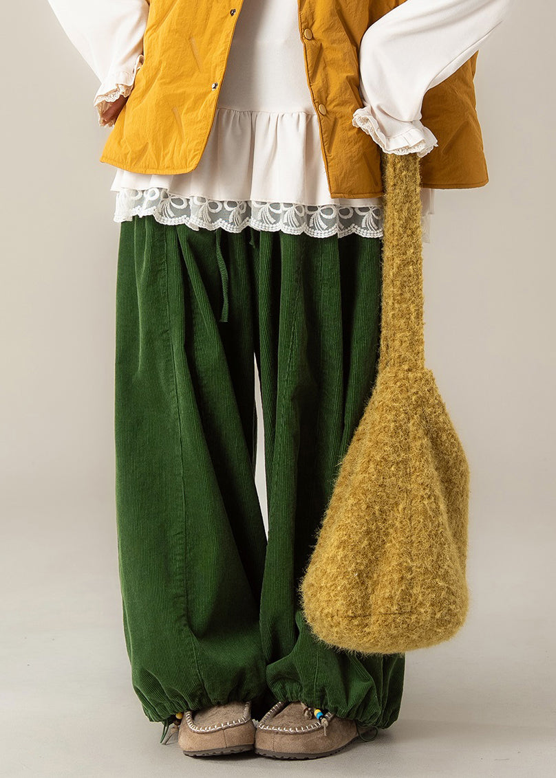 Simple Green Drawstring Elastic Waist Cotton Wide Leg Pants Spring