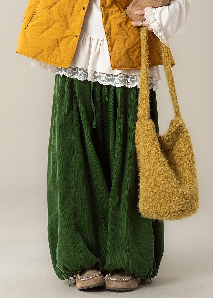 Simple Green Drawstring Elastic Waist Cotton Wide Leg Pants Spring