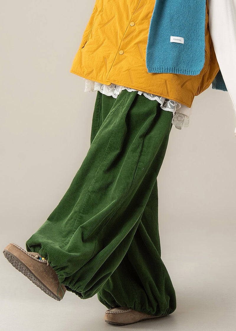 Simple Green Drawstring Elastic Waist Cotton Wide Leg Pants Spring