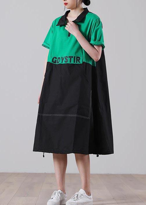 Simple Green Graphic Cotton Pockets Summer Party Dress