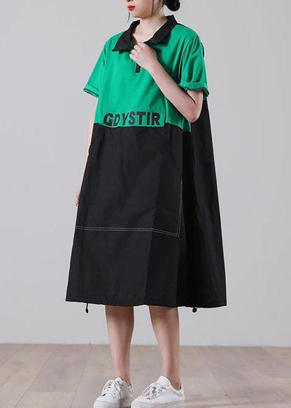 Simple Green Graphic Cotton Pockets Summer Party Dress
