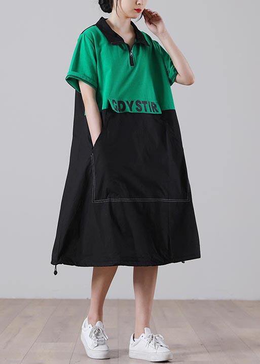 Simple Green Graphic Cotton Pockets Summer Party Dress