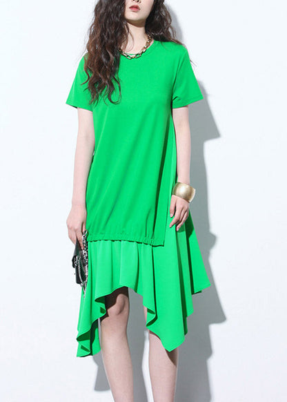 Simple Green O-neck Asymmetrical Design Patchwork Wrinkled Long Dress Short Sleeve