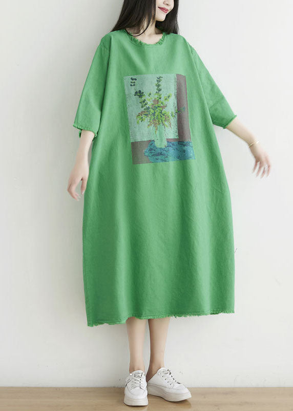 Simple Green O-neck Oversized Print Cotton Dress Half Sleeve