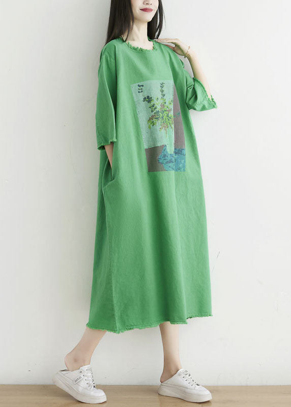 Simple Green O-neck Oversized Print Cotton Dress Half Sleeve