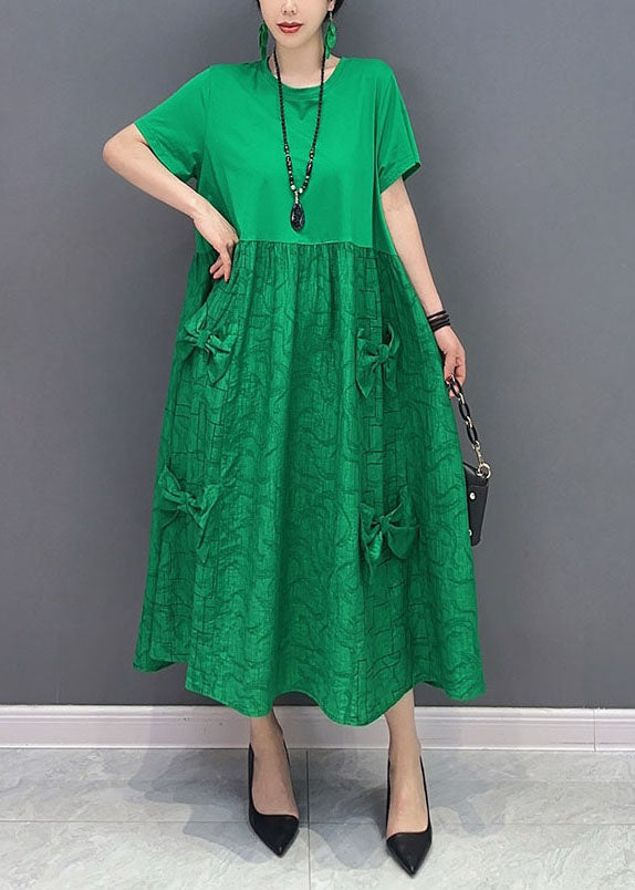 Simple Green O-neck Patchwork Jacquard Cotton Long Dresses Summer