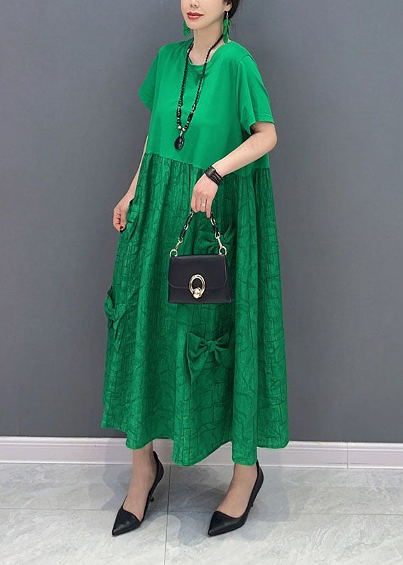 Simple Green O-neck Patchwork Jacquard Cotton Long Dresses Summer
