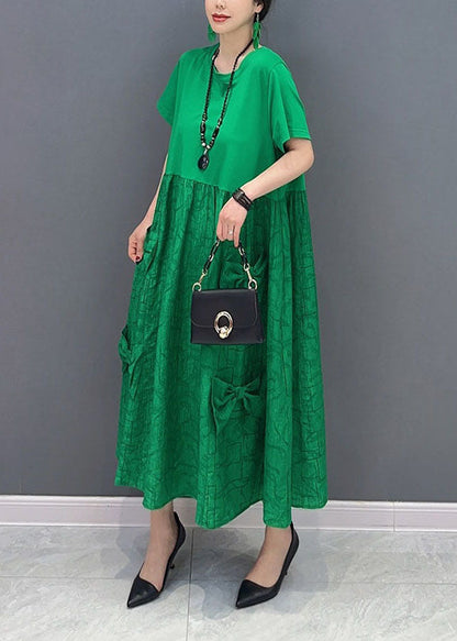 Simple Green O-neck Patchwork Jacquard Cotton Long Dresses Summer