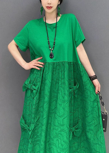 Simple Green O-neck Patchwork Jacquard Cotton Long Dresses Summer