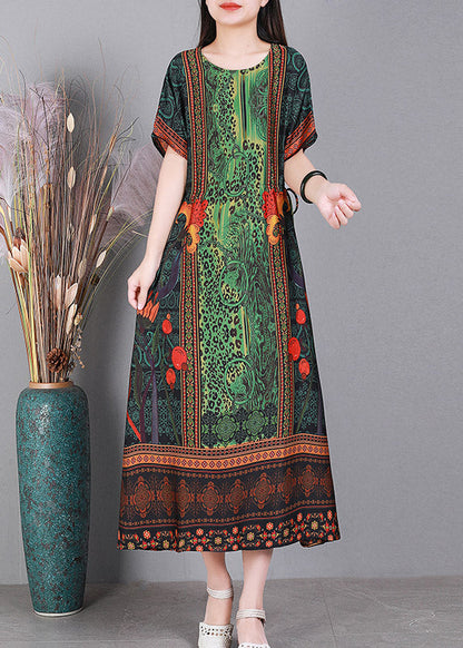 Simple Green O-neck Print Silk Long Dresses Short Sleeve