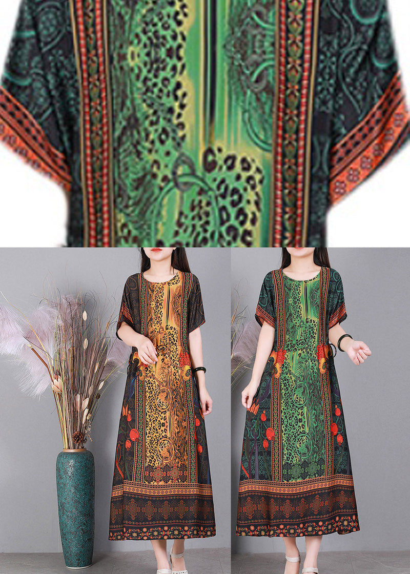Simple Green O-neck Print Silk Long Dresses Short Sleeve