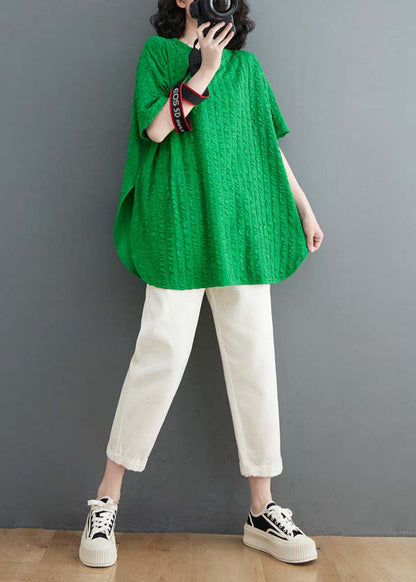 Simple Green O Neck Side Open Cotton T Shirt Tops Summer