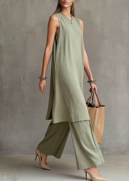 Simple Green O-neck Tank Dress and Wide Leg Pants Cotton Two Piece Set Sleeveless