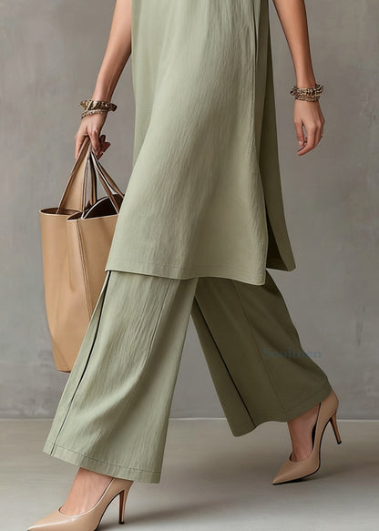 Simple Green O-neck Tank Dress and Wide Leg Pants Cotton Two Piece Set Sleeveless