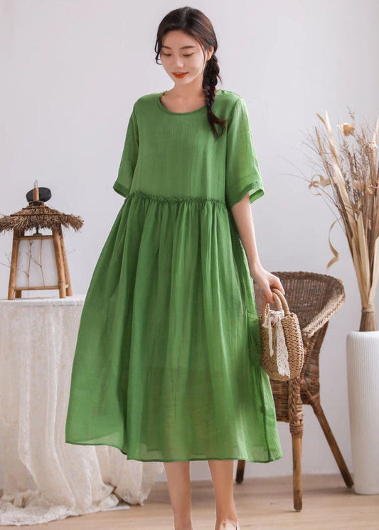 Simple Green O Neck Wrinkled Patchwork Cotton Blend Dress Summer