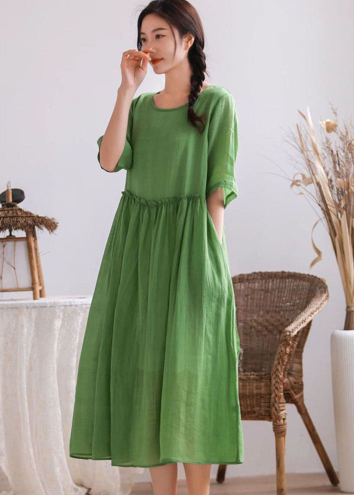 Simple Green O Neck Wrinkled Patchwork Cotton Blend Dress Summer