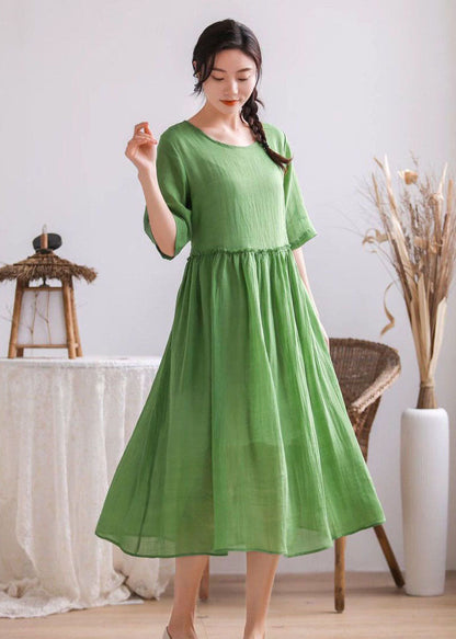 Simple Green O Neck Wrinkled Patchwork Cotton Blend Dress Summer