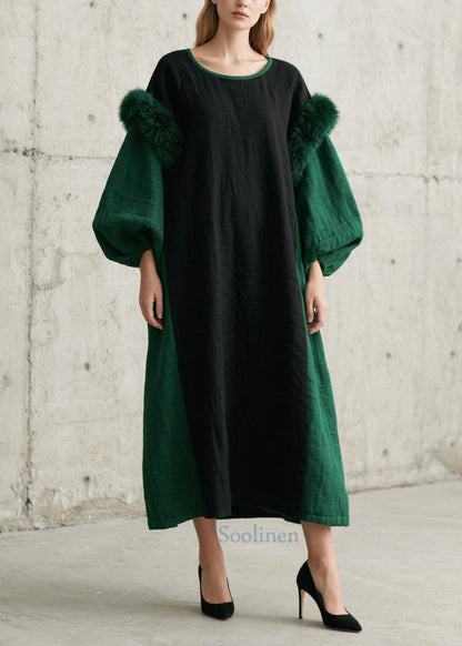 Simple Green Oversized Patchwork Faux Fur Dresses Lantern Sleeve