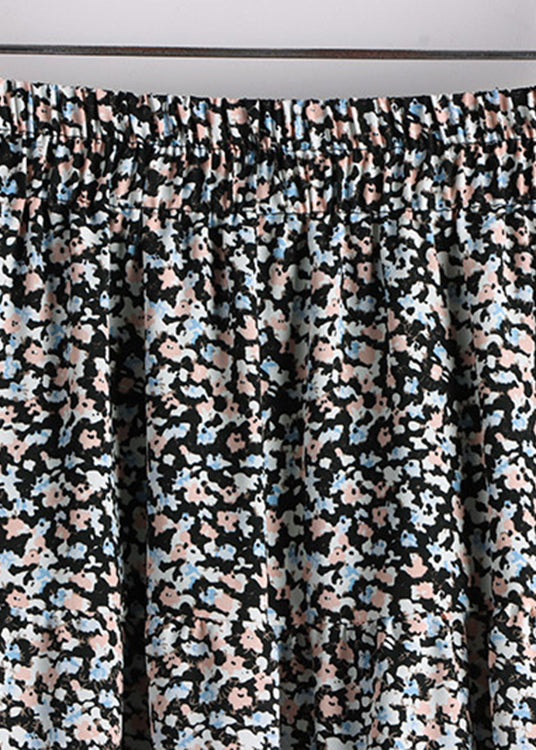Simple Green Patchwork Elastic Waist Print a Line Skirt Fall