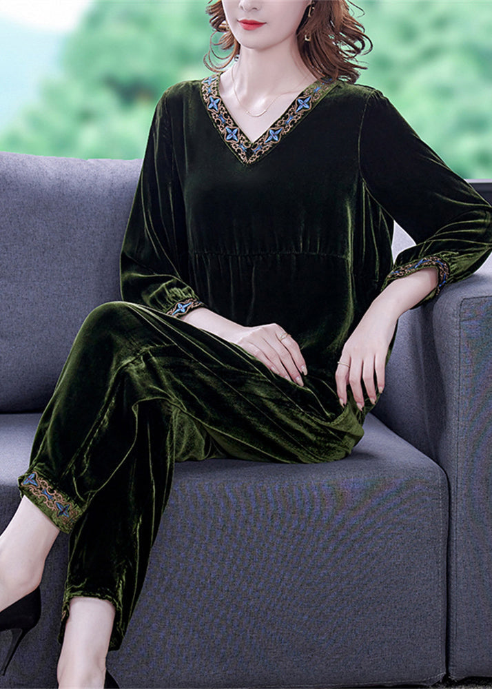 Simple Green Patchwork Silk Velour Pullover and Harem Pants Two Piece Set Fall