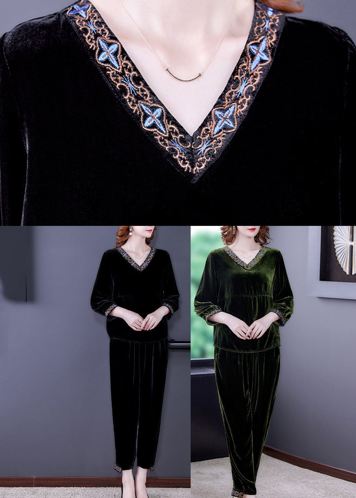 Simple Green Patchwork Silk Velour Pullover and Harem Pants Two Piece Set Fall
