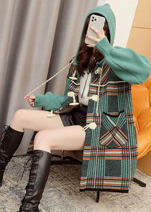 Simple Green Plaid Pockets Cozy Fall Knit Sweater Coat