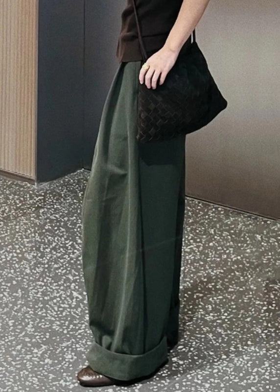 Simple Green Pockets High Waist Cotton Wide Leg Pants Spring