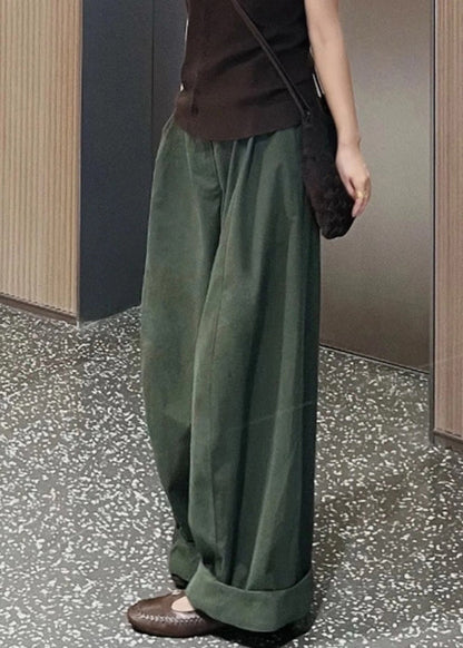 Simple Green Pockets High Waist Cotton Wide Leg Pants Spring