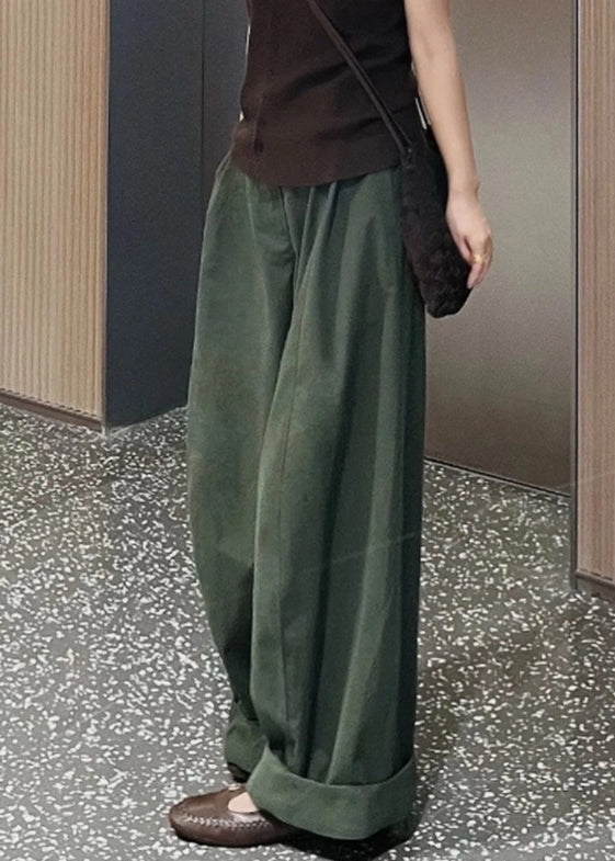Simple Green Pockets High Waist Cotton Wide Leg Pants Spring