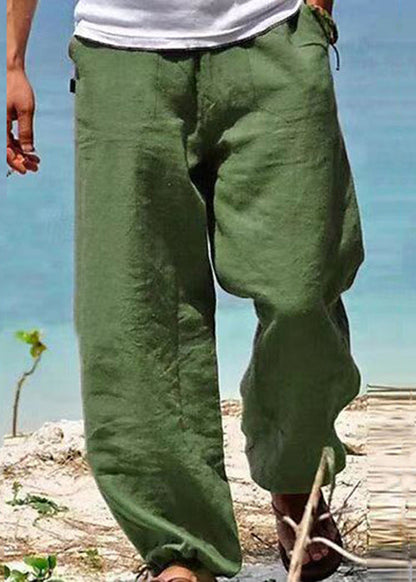 Simple Green Pockets Cotton Pants Summer