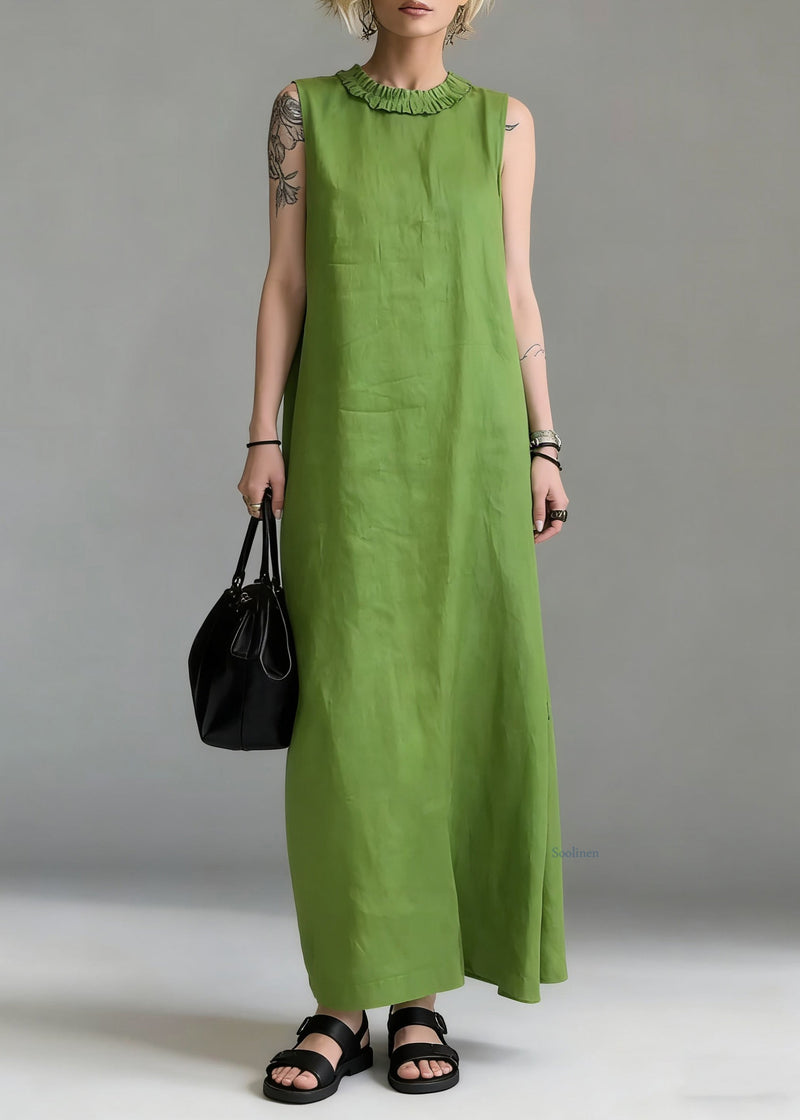 Simple Green Ruffled Cotton Long Dress Sleeveless