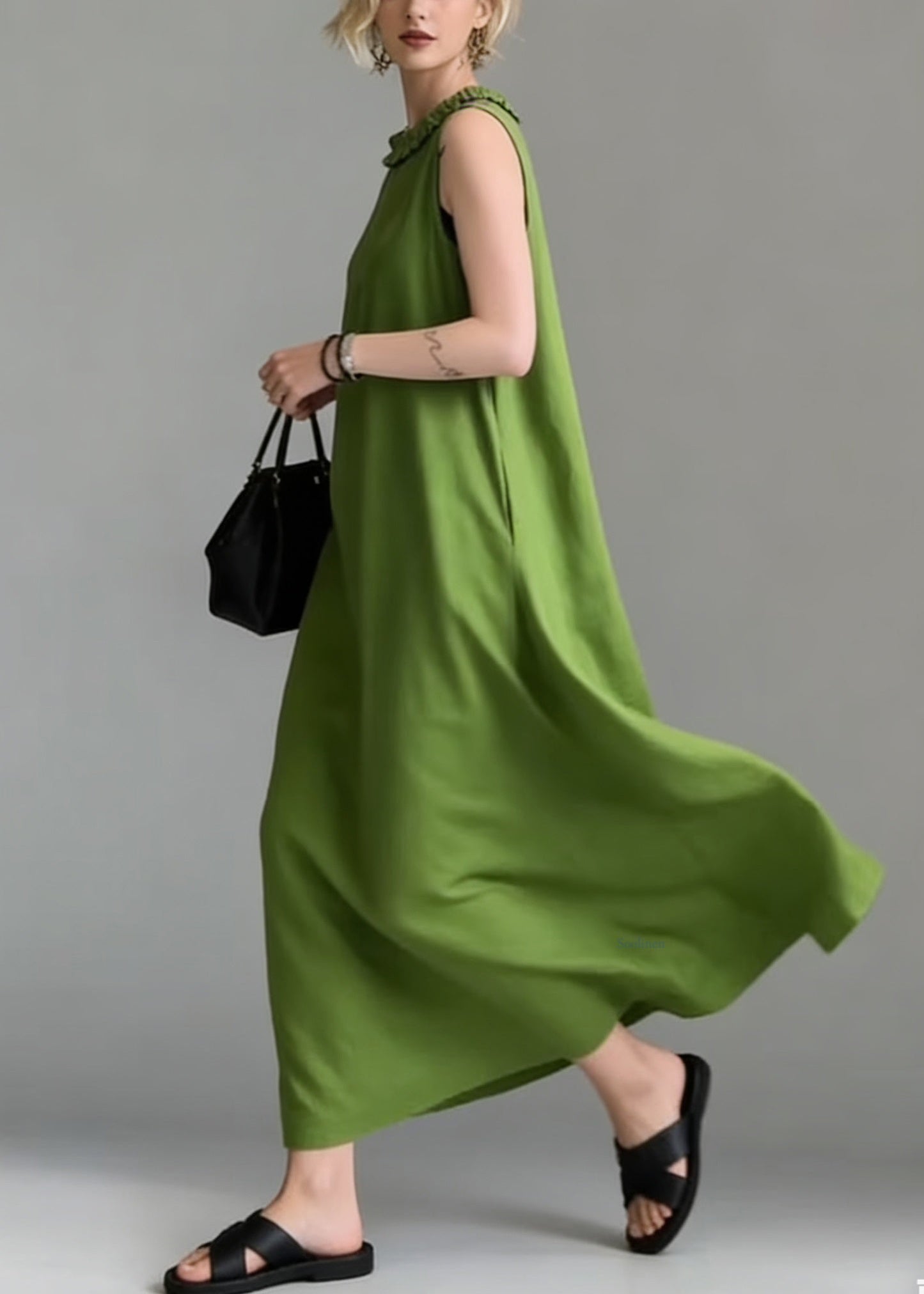 Simple Green Ruffled Cotton Long Dress Sleeveless