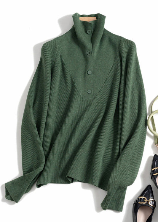 Simple Green Button Wool Knit Top Spring