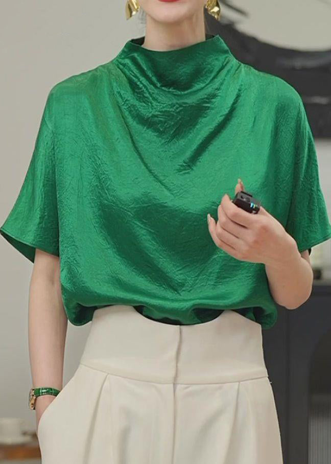 Simple Green Turtleneck Cotton T Shirt Short Sleeve