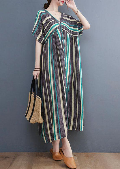 Simple Green Striped V Neck Patchwork Cotton Linen Long Dress