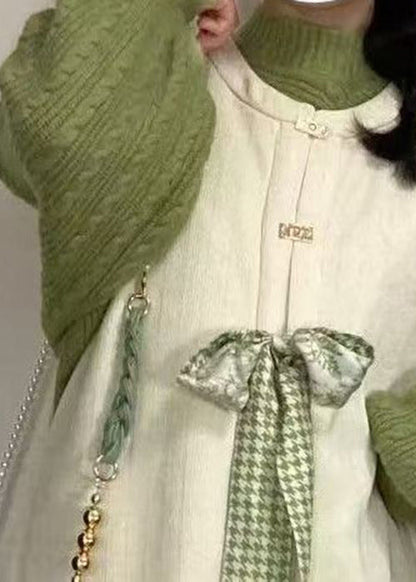 Simple Green Turtleneck Cable Knit Sweaters Lantern Sleeve