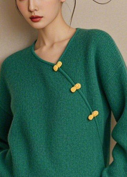 Simple Green V Neck Button Knit Sweater Spring