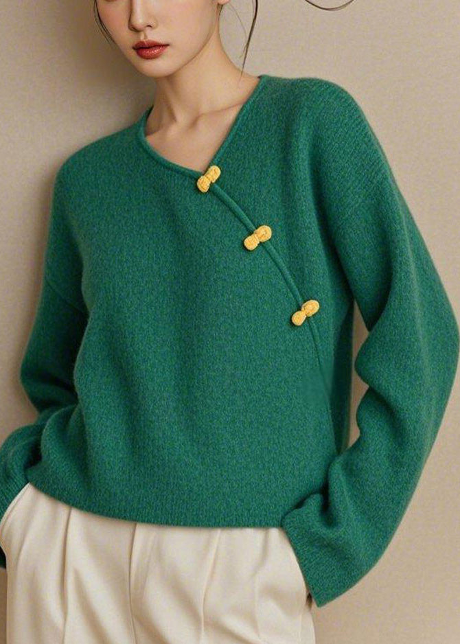 Simple Green V Neck Button Knit Sweater Spring