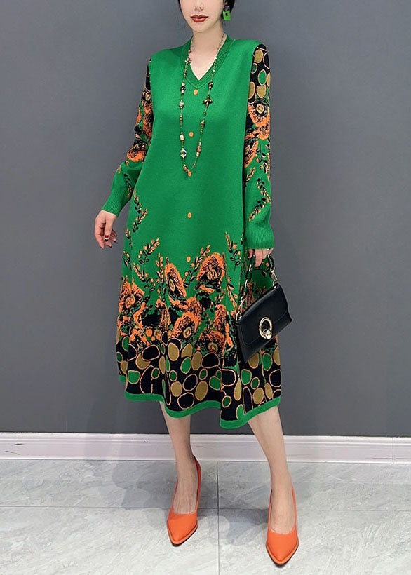 Simple Green V Neck Print Knit a Line Dress Spring