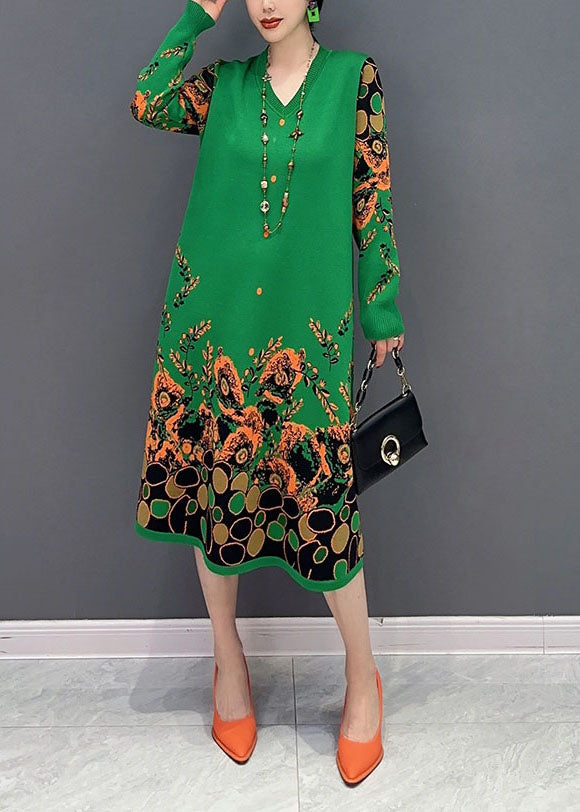 Simple Green V Neck Print Knit a Line Dress Spring