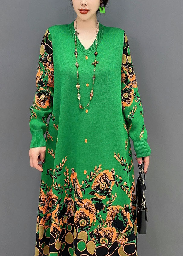 Simple Green V Neck Print Knit a Line Dress Spring