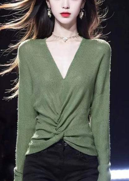 Simple Green V Neck Cozy Knit Sweater Fall