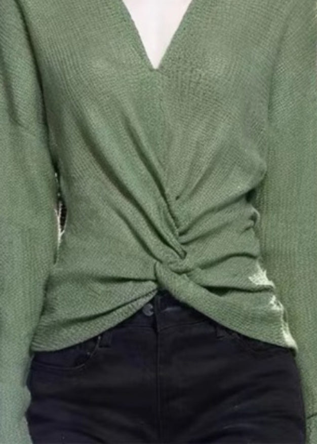 Simple Green V Neck Cozy Knit Sweater Fall