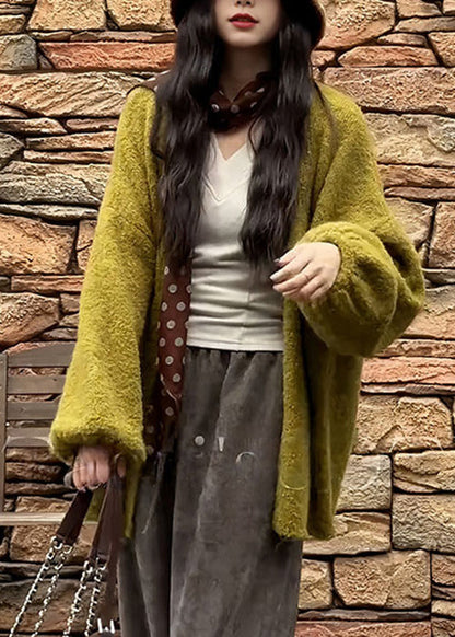 Simple Green V Neck Knit Cardigans Fall