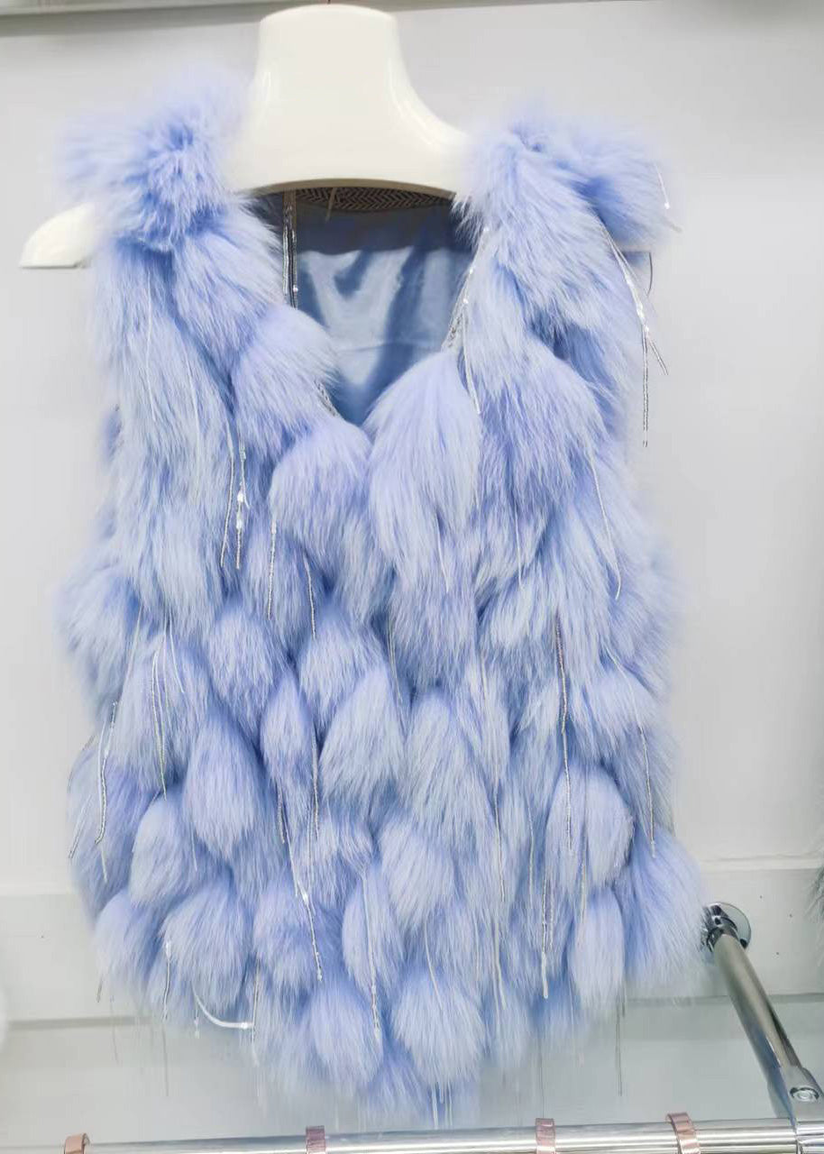 Simple Green V Neck Tassel Leather and Fur Waistcoat Winter