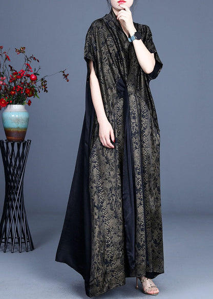 Simple Green V Neck Print Patchwork Dress Spring
