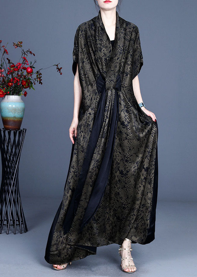 Simple Green V Neck Print Patchwork Dress Spring